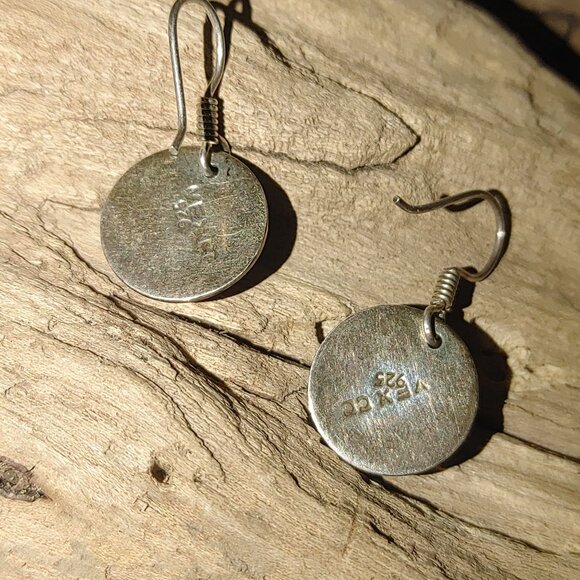 Vintage Sterling Silver Drop Earrings Malachite Artisan Crafted Stamped 925 - Picture 4 of 6